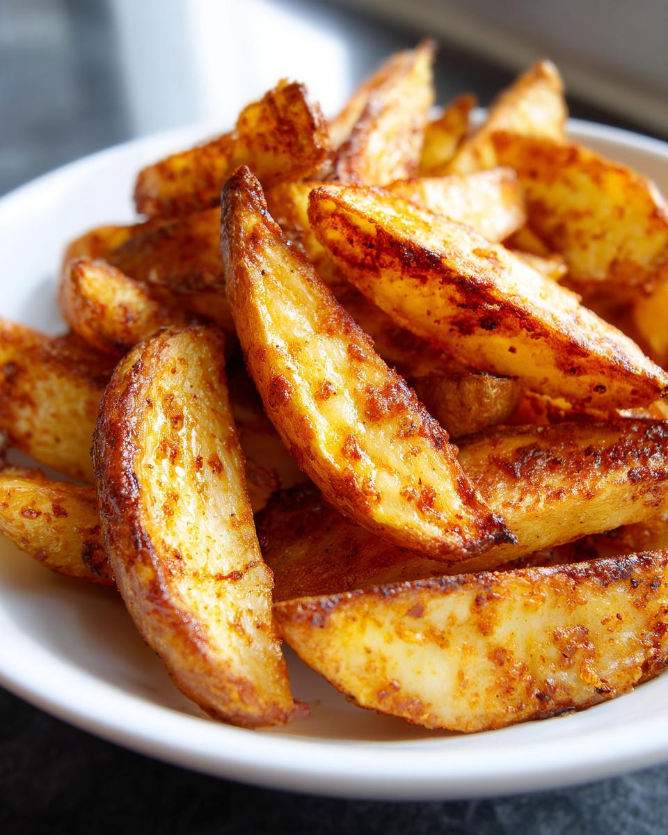 Close-up of golden brown, seasoned air fryer potato wedges piled high in a white bowl.