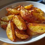 Close-up of golden brown, seasoned air fryer potato wedges piled high in a white bowl.