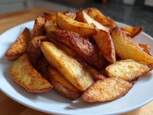 A close-up of golden brown, crispy air fryer potato wedges piled high on a white plate.