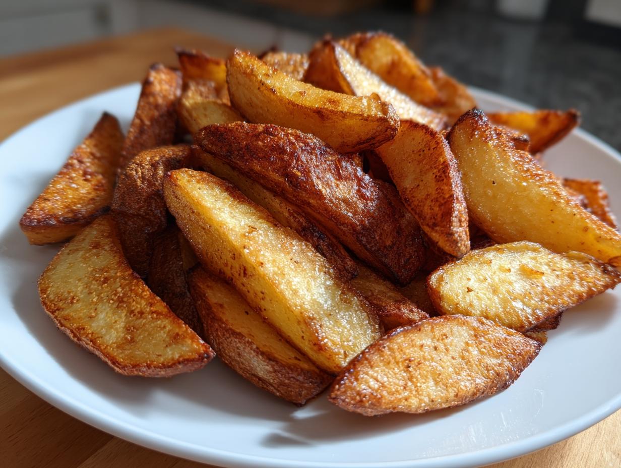 A close-up of golden brown, crispy air fryer potato wedges piled high on a white plate.