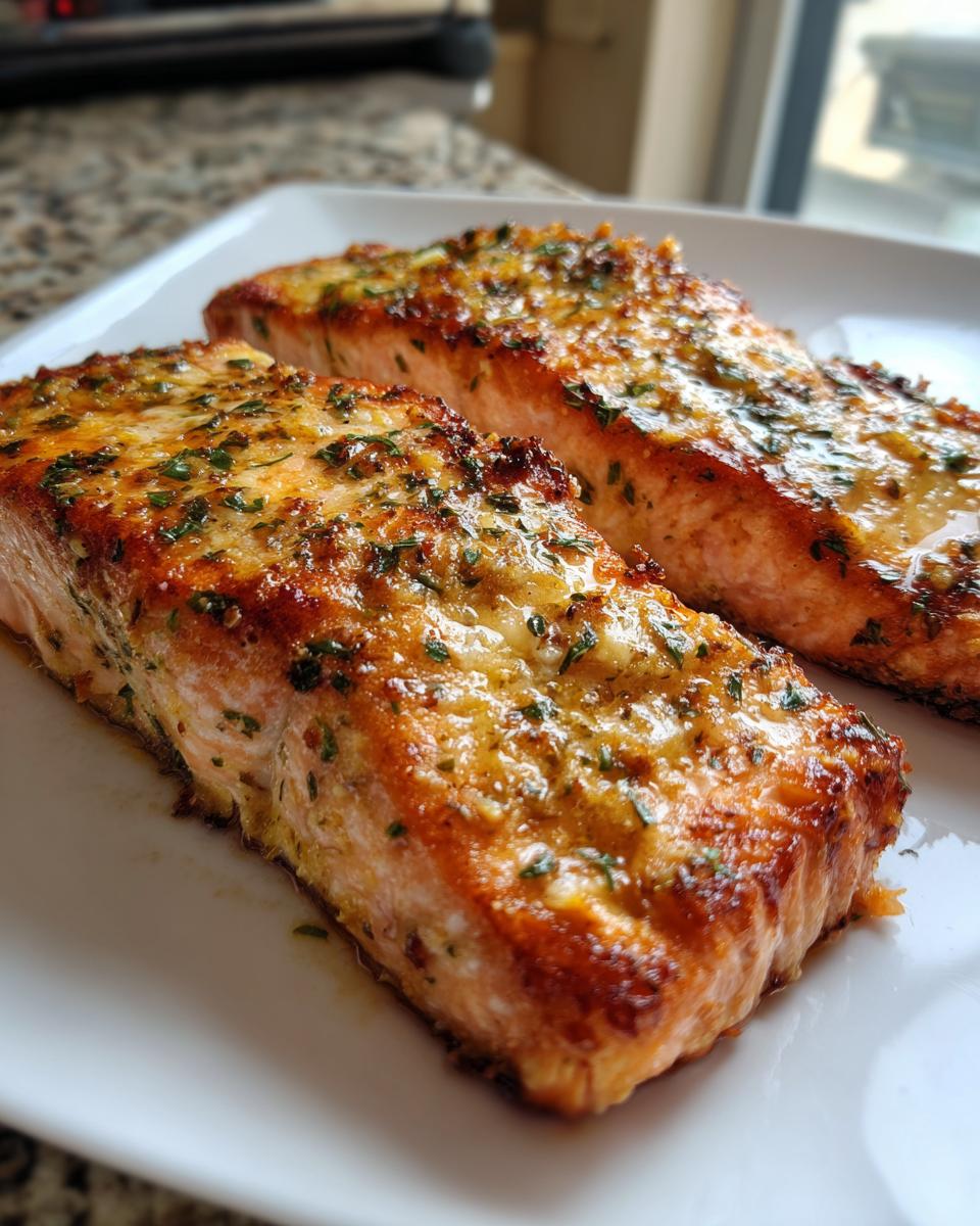 Two golden brown, glazed air fryer salmon fillets topped with herbs resting on a white plate.