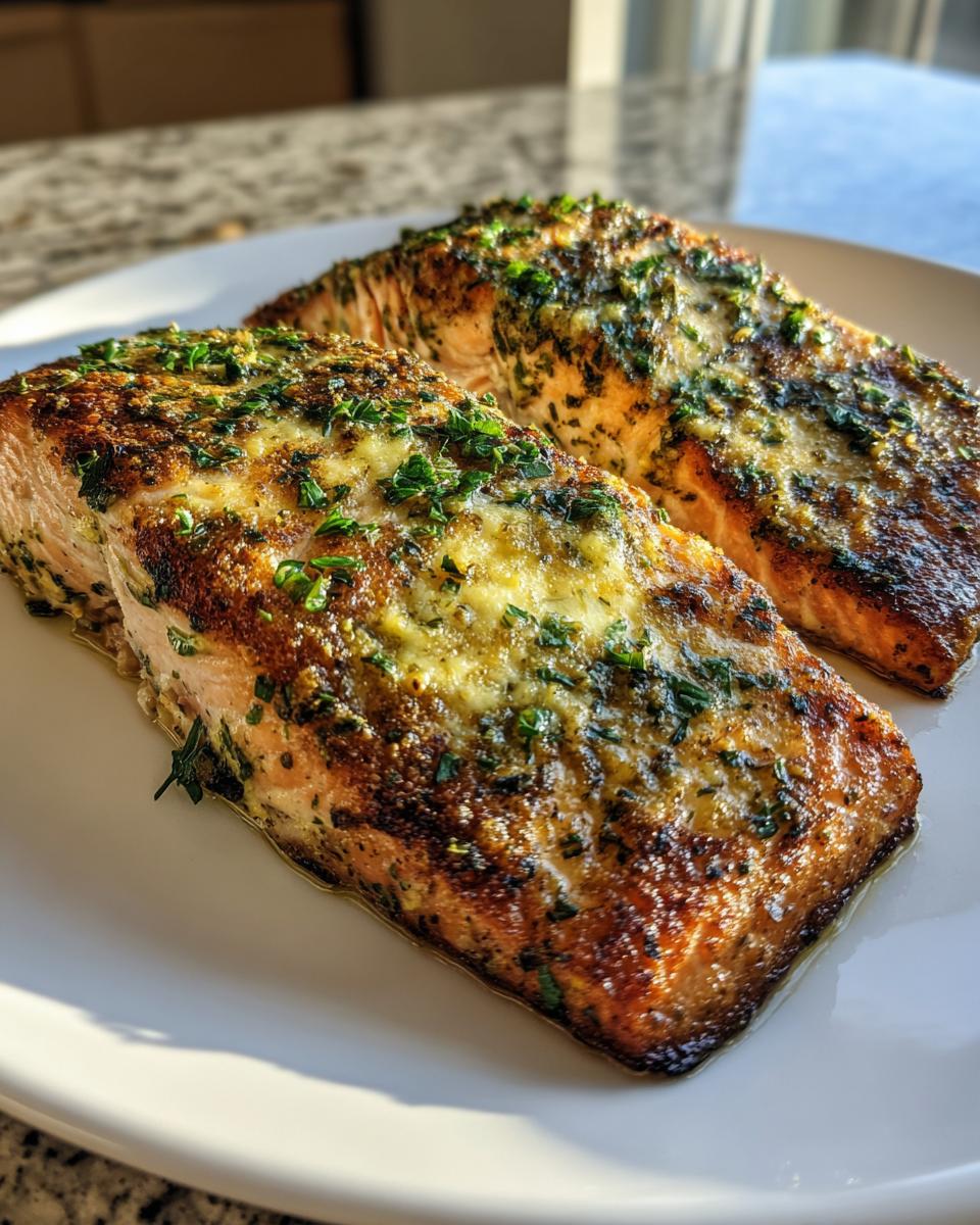 Two perfectly cooked fillets of air fryer salmon topped with melted butter and fresh parsley on a white plate.