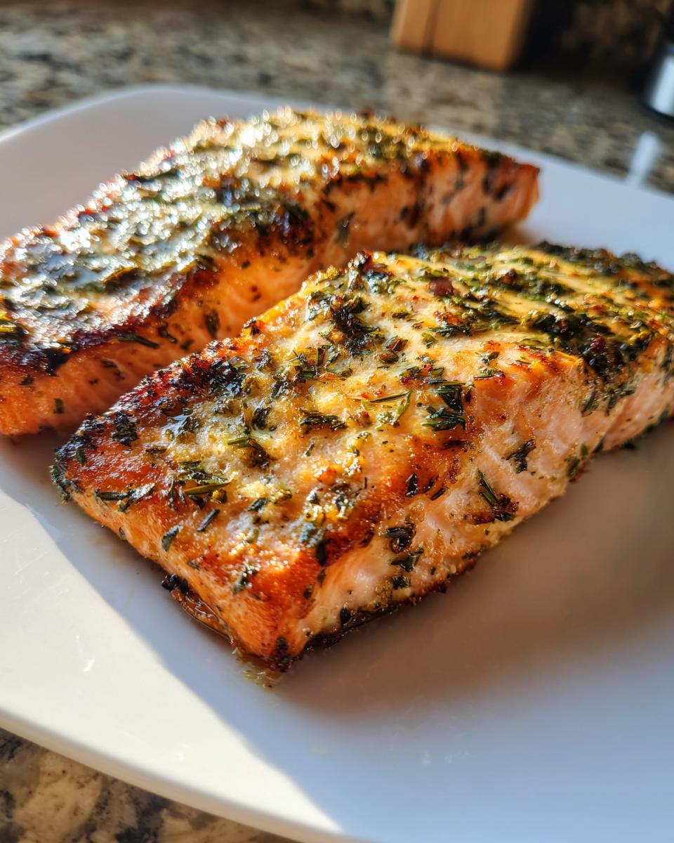 Two golden, flaky fillets of air fryer salmon seasoned generously with herbs resting on a white plate.