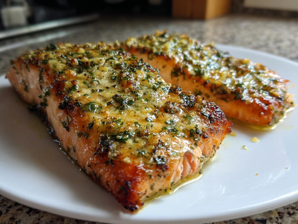Two glistening fillets of air fryer salmon topped with a buttery garlic and herb crust, served on a white plate.