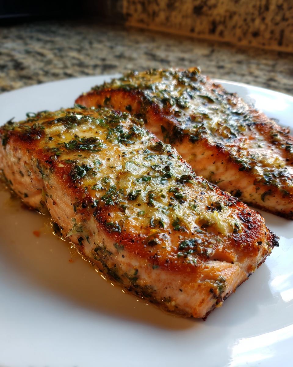 Two glistening fillets of air fryer salmon topped with a melted butter and herb glaze on a white plate.