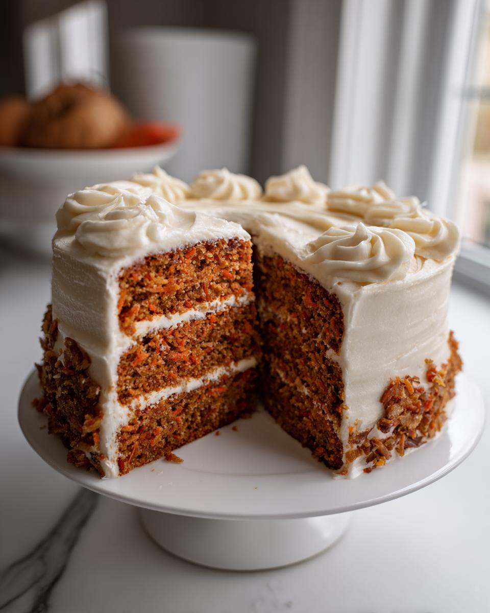 A tall, three-layer carrot cake recipe slice removed, showing rich texture and cream cheese frosting.