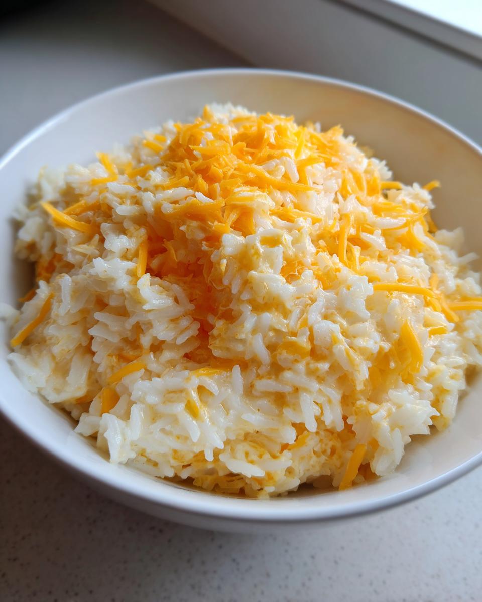 A white bowl filled with creamy, white rice mixed with melted cheese and topped with freshly shredded cheddar for amazing cheesy rice.