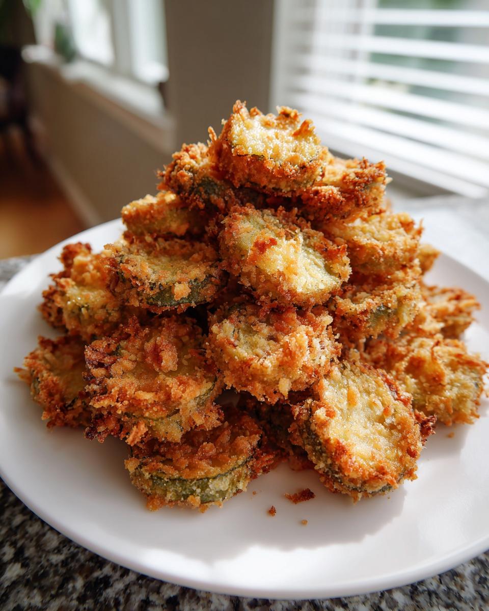 A tall pile of crispy, golden brown Fried Pickles stacked high on a white plate.