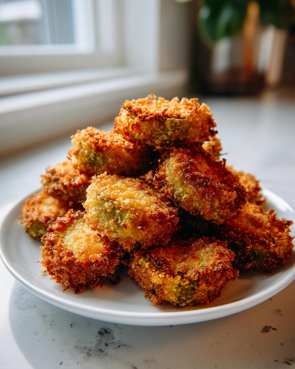 A tall stack of crispy, golden brown Amazing Fried Pickles piled on a white plate.