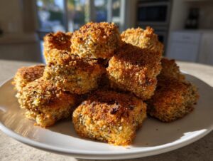 A mound of perfectly crispy, golden brown Fried Pickles stacked high on a white plate indoors.