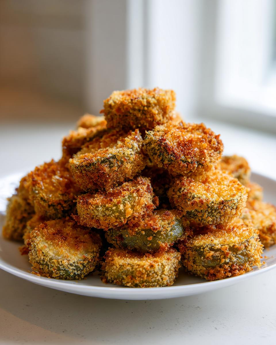A tall stack of perfectly golden brown, crispy Fried Pickles piled high on a white plate.