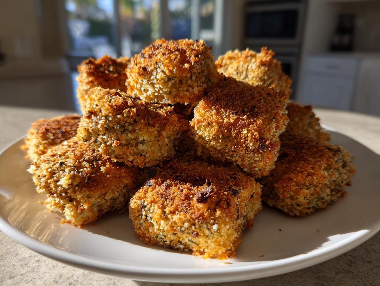 A mound of perfectly crispy, golden brown Fried Pickles stacked high on a white plate indoors.