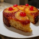 A slice cut from a moist pineapple upside down cake topped with caramelized pineapple rings and maraschino cherries.