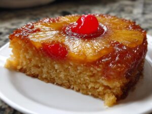 Close-up of a moist slice of pineapple upside down cake topped with caramelized pineapple and a maraschino cherry.