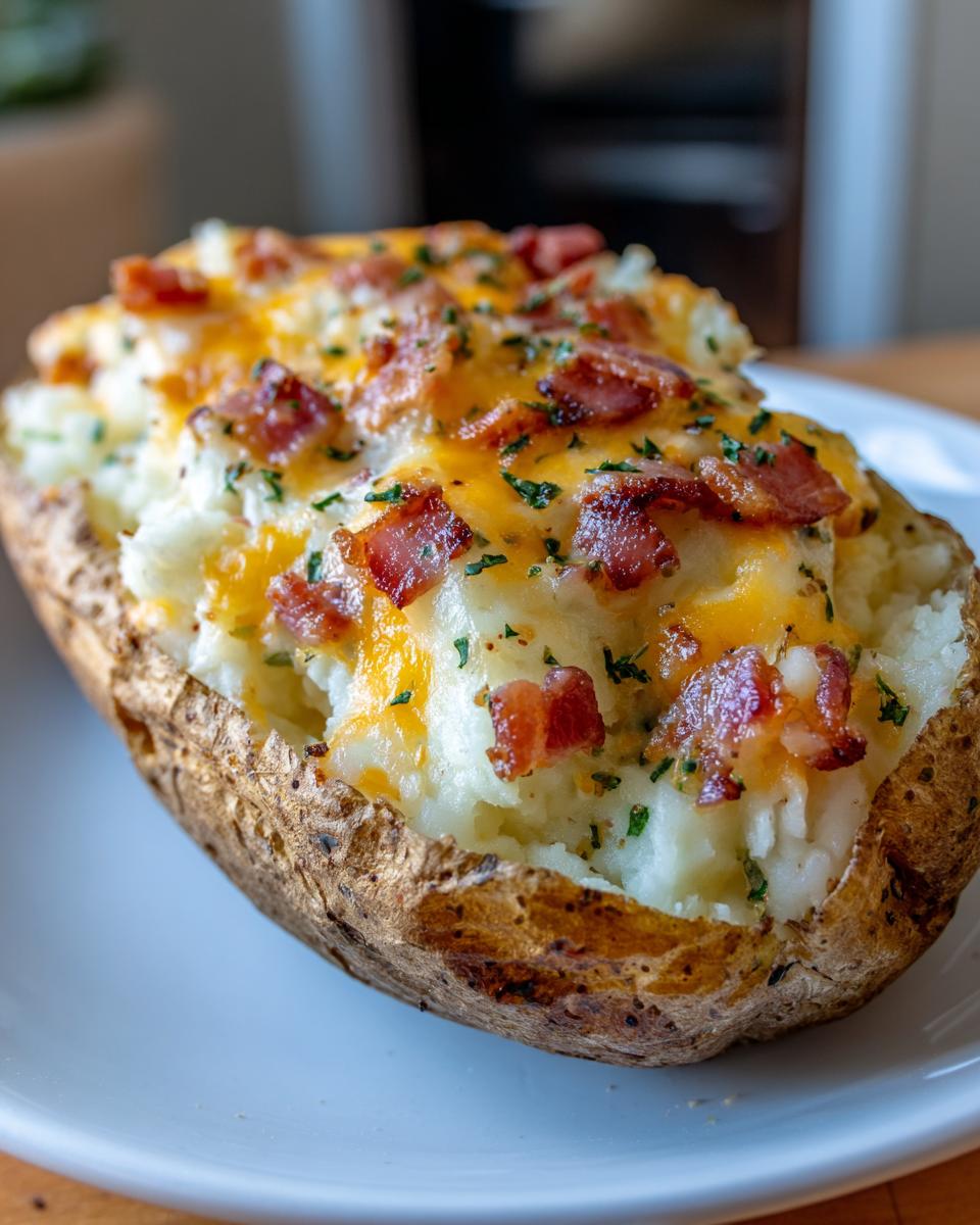 A perfectly baked twice baked potato stuffed with creamy filling, topped with melted cheddar cheese, crispy bacon bits, and parsley.