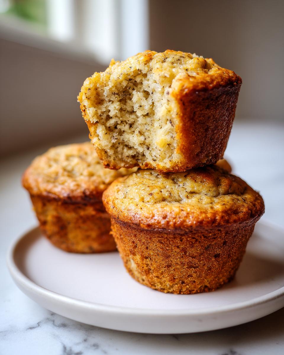 A stack of three golden-brown banana protein muffins, with the top one broken open to show the moist, speckled interior.