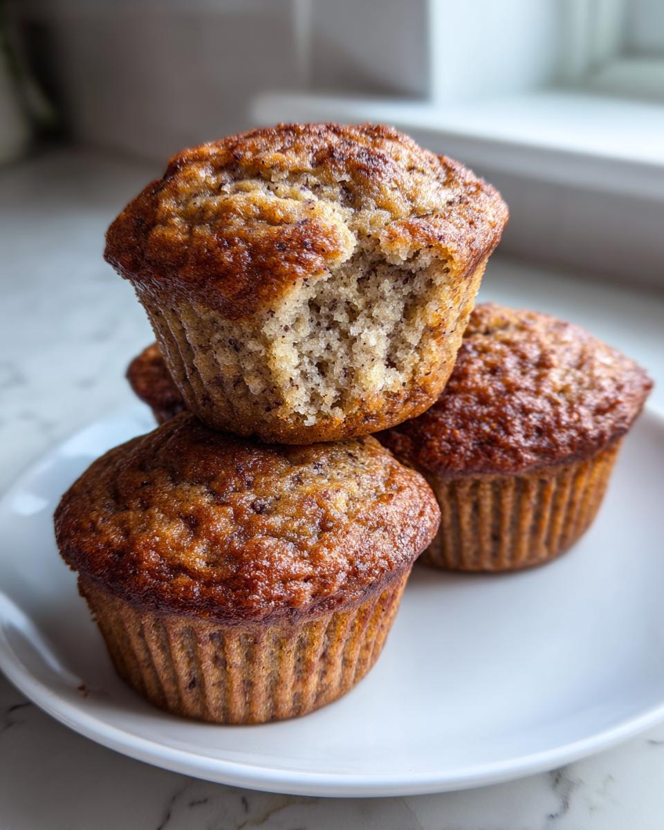 A stack of three golden-brown banana protein muffins on a white plate, with the top muffin having a bite taken out showing the moist interior.