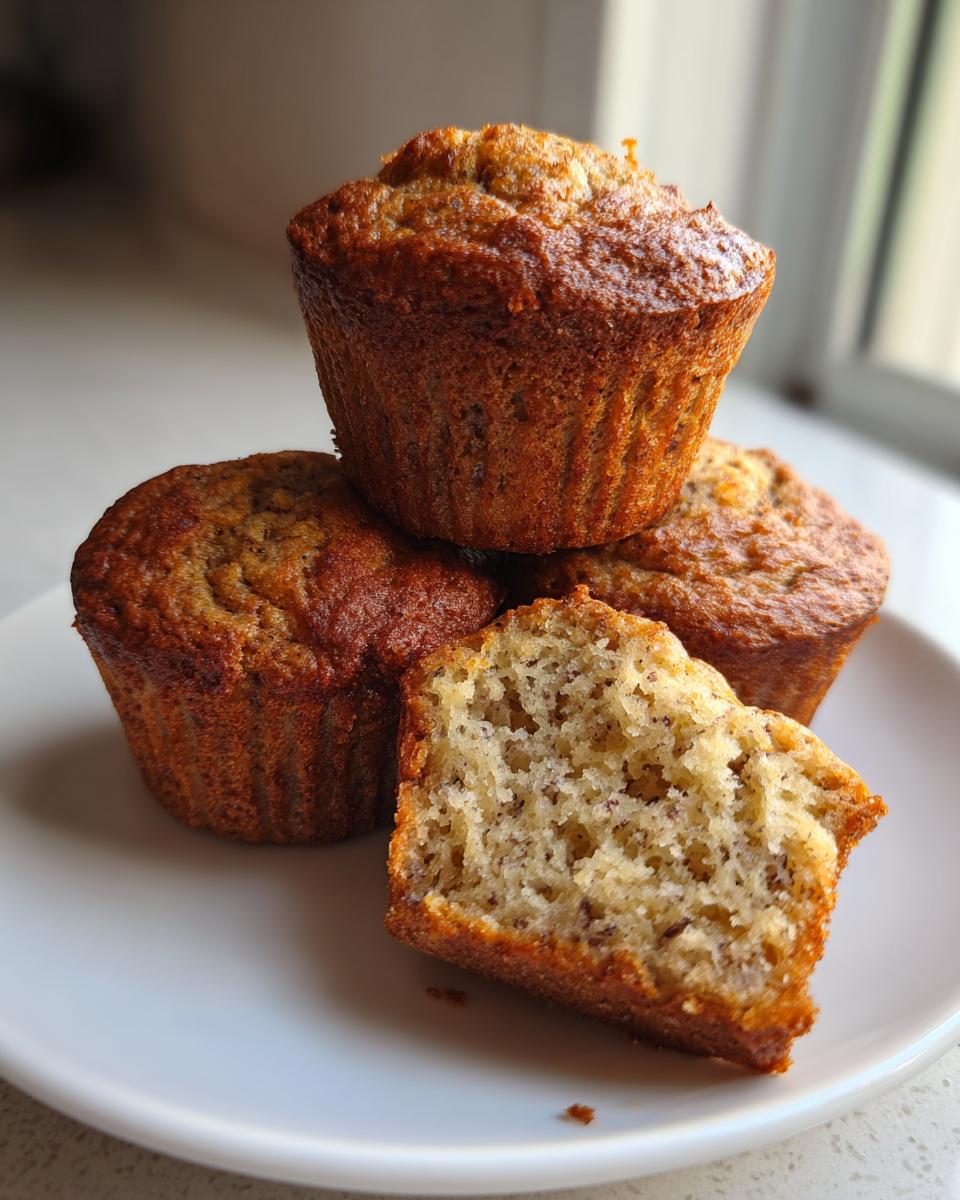 A stack of four golden-brown banana protein muffins on a white plate, with one muffin cut in half showing the moist, speckled interior.