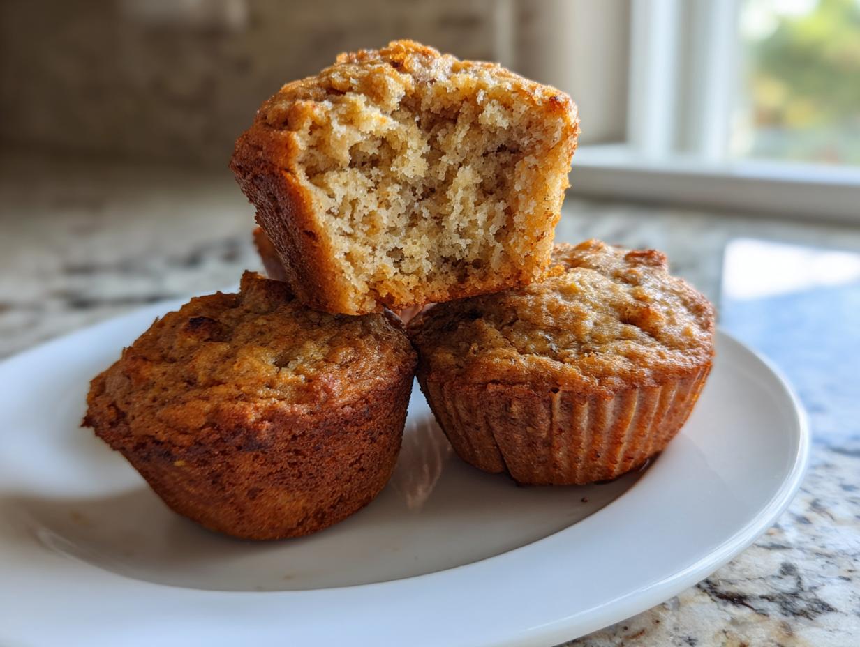 Three golden brown banana protein muffins stacked on a white plate, one broken open to show the texture.