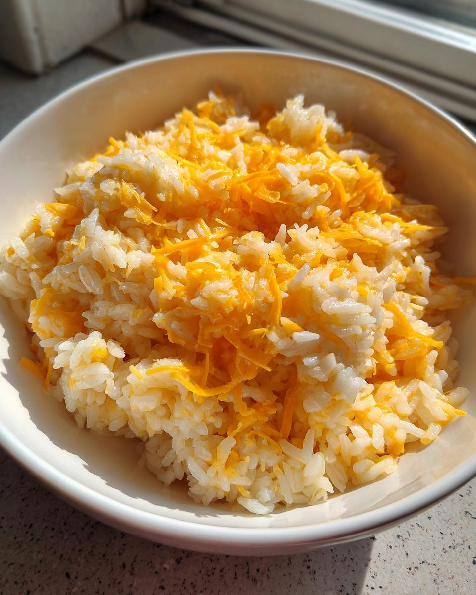 A white bowl filled with fluffy white rice topped generously with bright orange shredded cheddar cheese, showcasing the amazing cheesy rice.