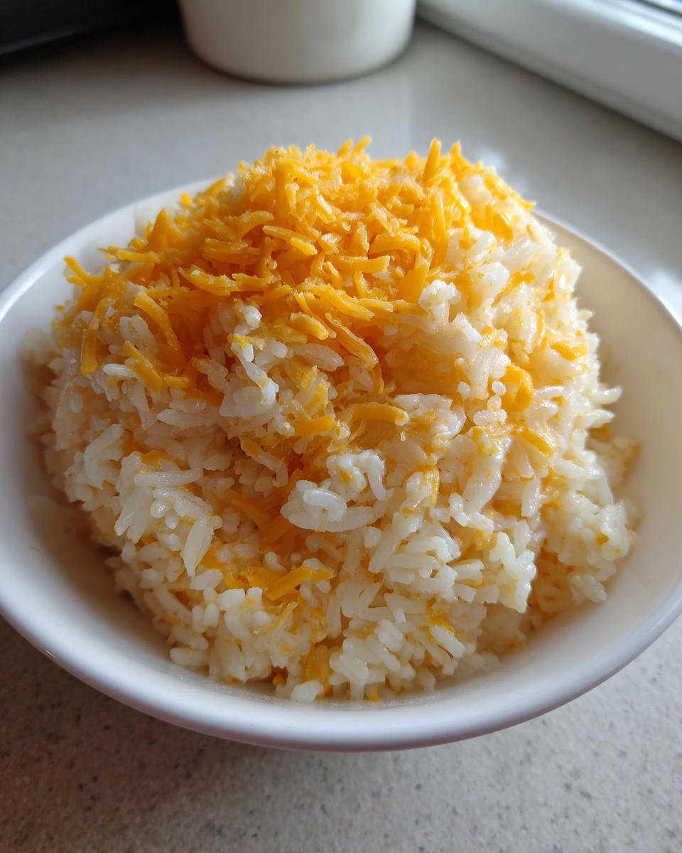 A white bowl filled with fluffy white rice topped generously with bright orange shredded cheddar cheese for cheesy rice.