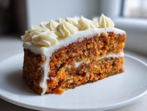 A close-up of a moist slice of carrot cake recipe, featuring visible shredded carrots and cream cheese frosting rosettes.