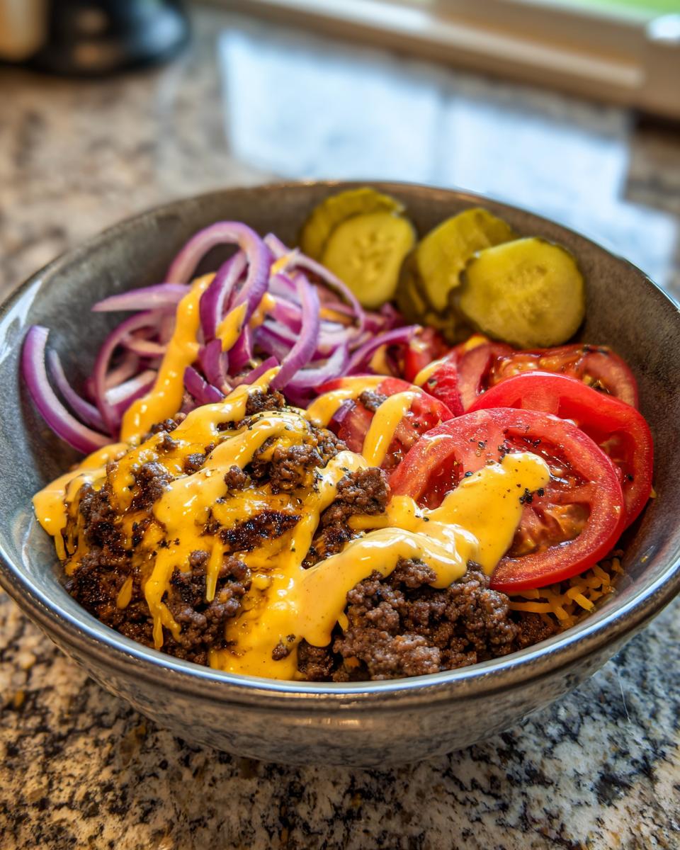 A close-up of a delicious cheeseburger bowl featuring seasoned ground beef, melted cheese sauce, red onion, tomatoes, and pickles.