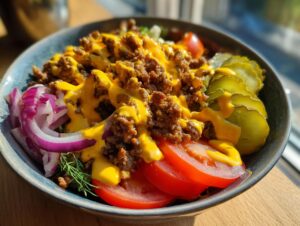 A close-up view of a vibrant cheeseburger bowl featuring seasoned ground beef, bright yellow cheese sauce, sliced tomatoes, red onion, and pickles.