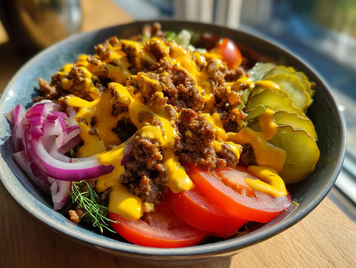 A close-up view of a vibrant cheeseburger bowl featuring seasoned ground beef, bright yellow cheese sauce, sliced tomatoes, red onion, and pickles.