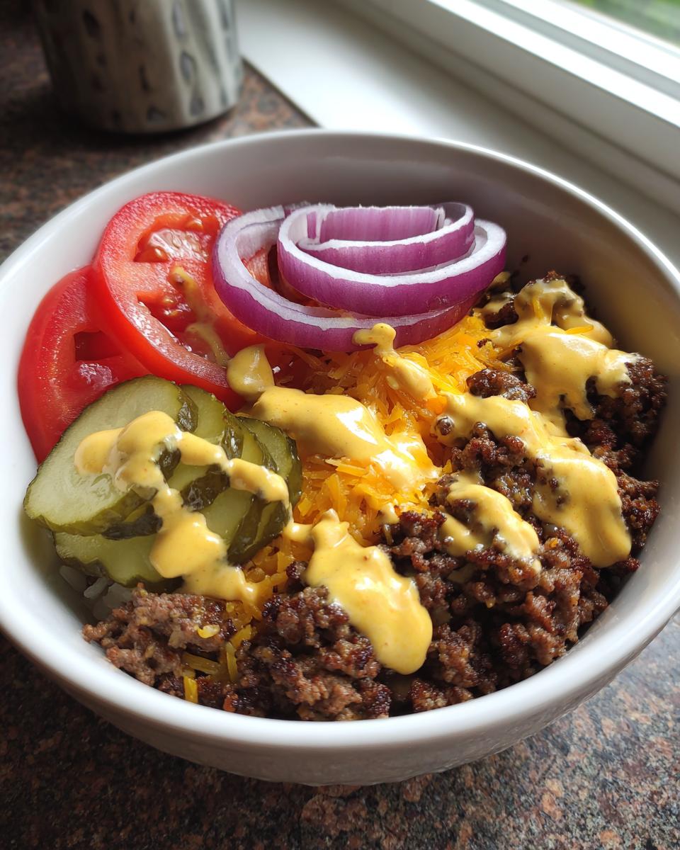 A close-up of a white bowl filled with a cheeseburger bowl, featuring ground beef, shredded cheese, pickles, tomato, and onion.