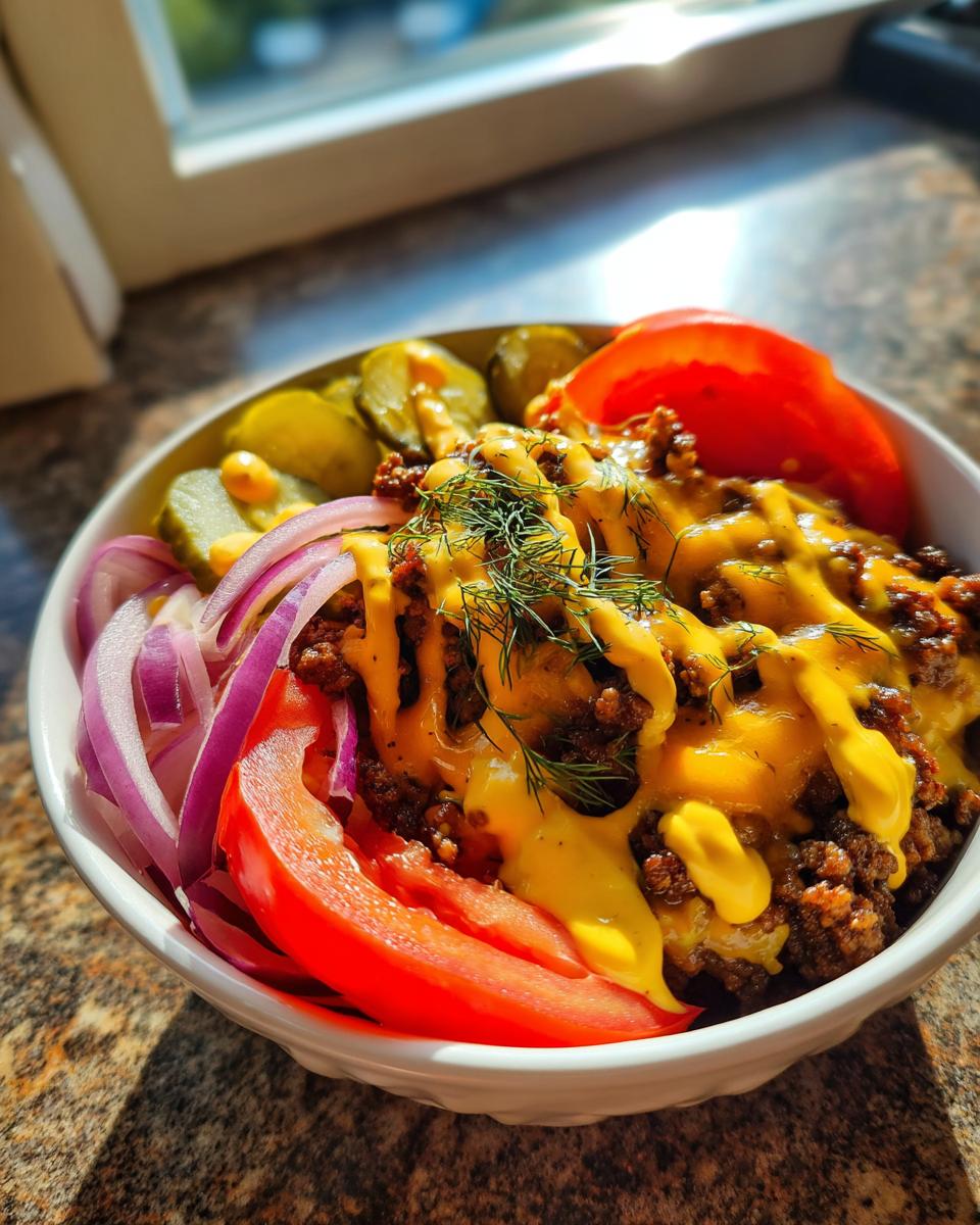 A close-up of a delicious cheeseburger bowl featuring seasoned ground beef, melted cheese sauce, sliced red onion, tomato wedges, and pickles.