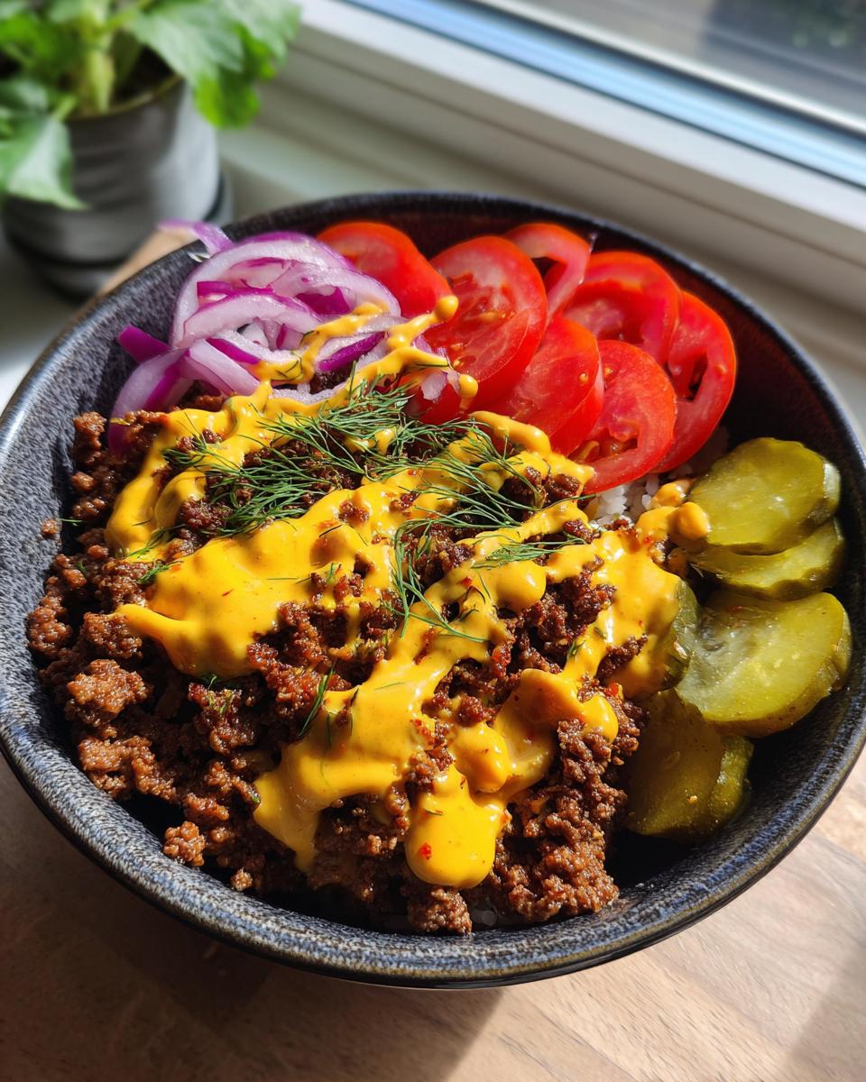 A close-up of a hearty cheeseburger bowl featuring seasoned ground beef, melted cheese sauce, pickles, tomatoes, and red onion.