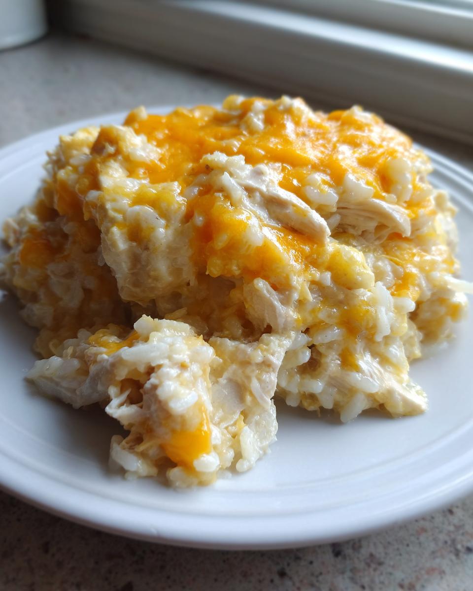 A scoop of creamy cheesy chicken and rice casserole topped with melted cheddar cheese on a white plate.