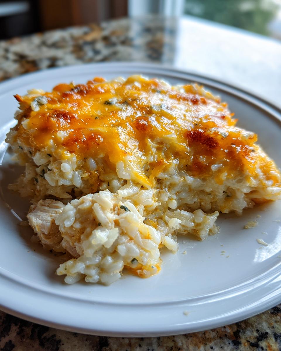A close-up of a serving of cheesy chicken and rice casserole with a golden brown, melted cheese topping.