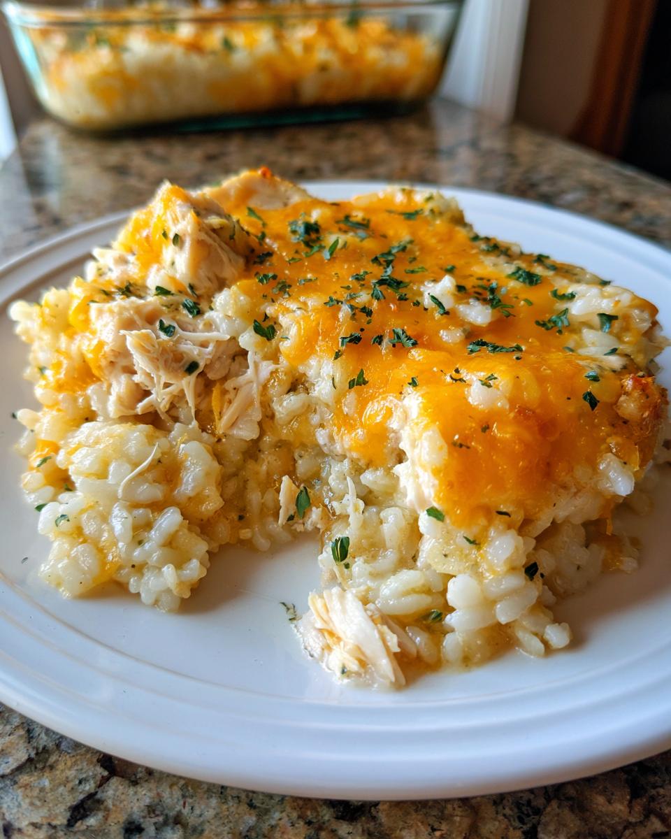 A scoop of creamy cheesy chicken and rice casserole topped with melted cheddar and parsley on a white plate.