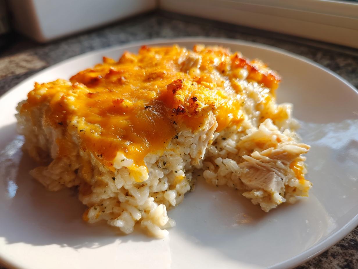 A close-up serving of baked cheesy chicken and rice casserole topped with melted, golden cheddar cheese.
