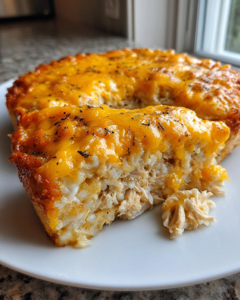 A thick slice of cheesy chicken and rice casserole showing shredded chicken mixed with rice, topped with melted cheddar cheese.