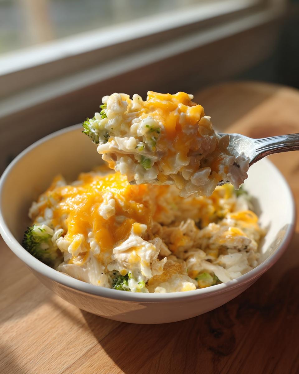 A fork lifting a creamy scoop of crock pot chicken and rice mixed with broccoli and topped with melted cheddar cheese.