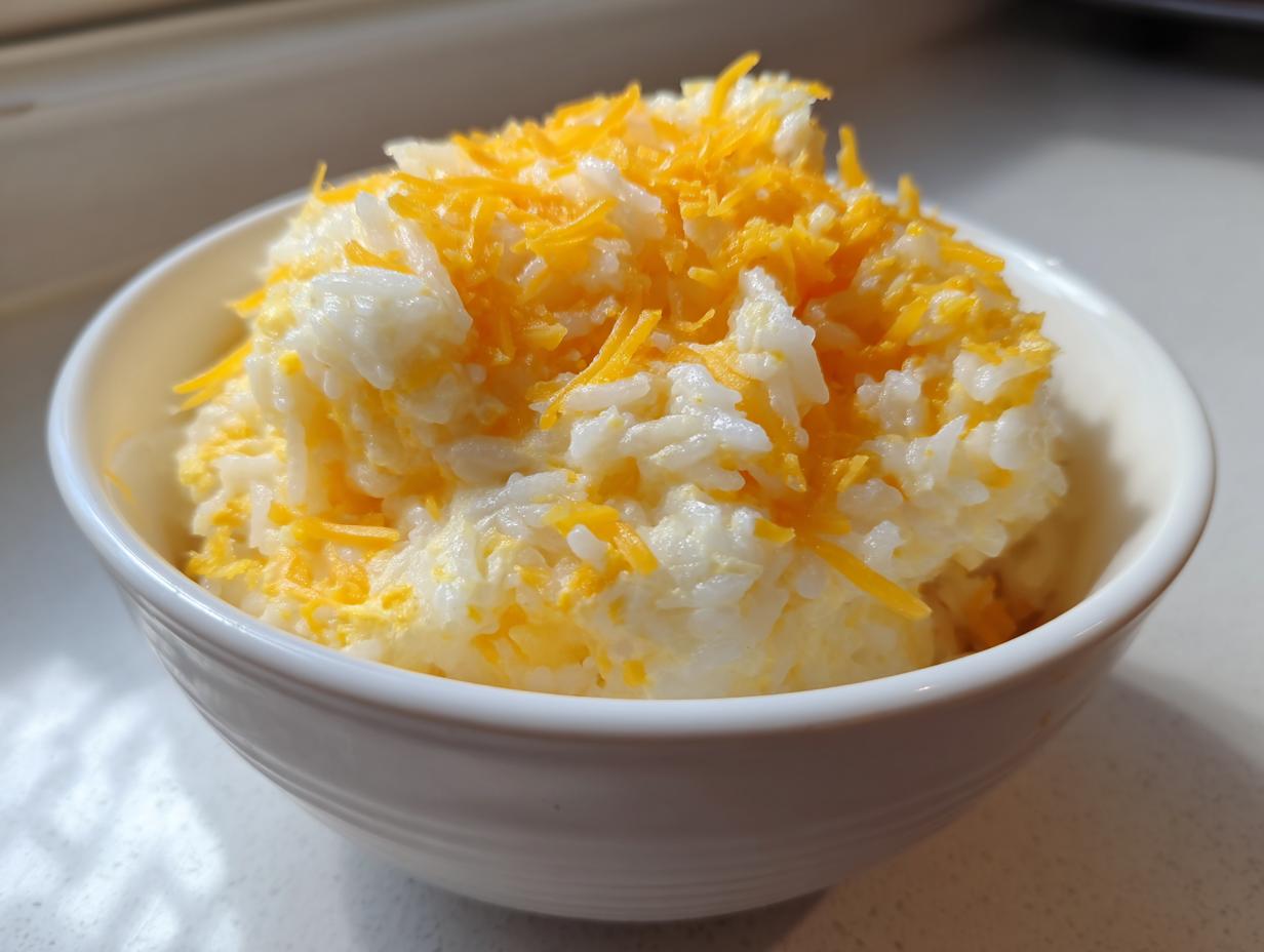 A white bowl filled with creamy, white rice topped generously with shredded cheddar cheese, showcasing the cheesy rice.