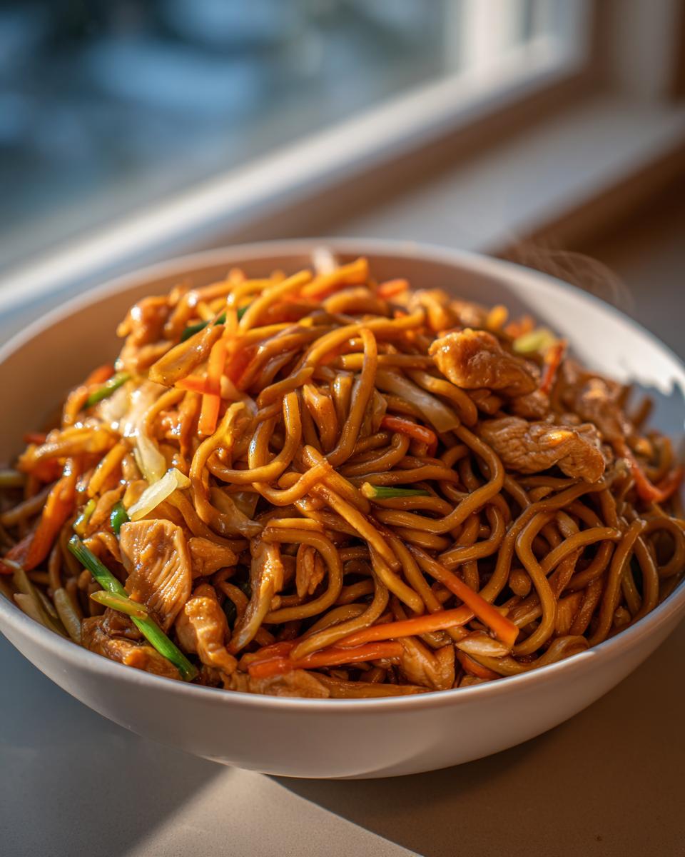 A close-up of a generous serving of steaming chicken chow mein recipe with noodles, chicken pieces, and shredded carrots in a white bowl.