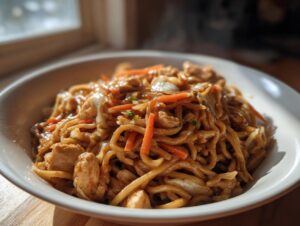 A close-up of a hearty bowl of homemade chicken chow mein recipe with noodles, chicken pieces, and shredded carrots.