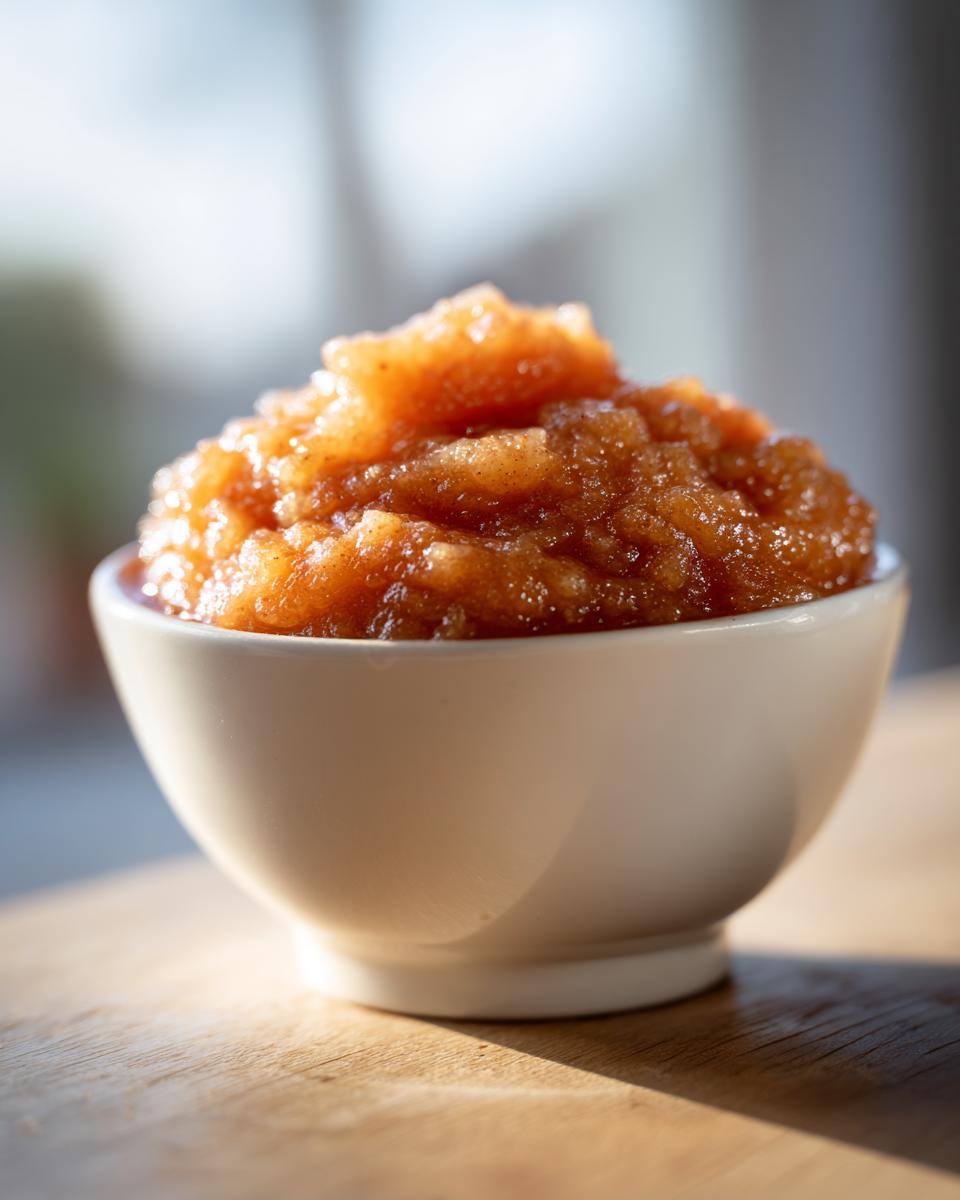 Close-up of chunky, spiced homemade applesauce piled high in a small white bowl.
