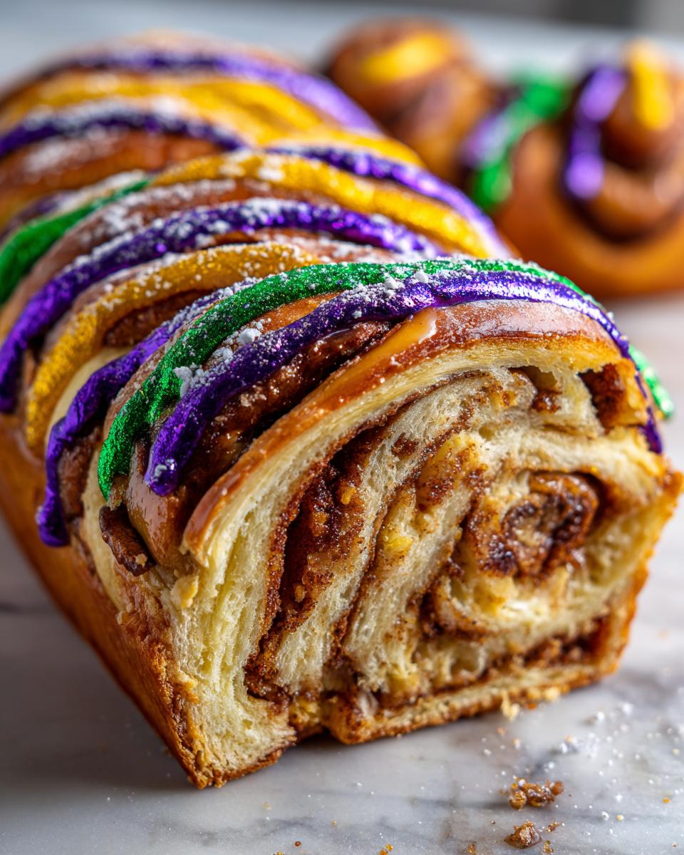 A close-up cross-section of a braided King Cake showing cinnamon filling and topped with purple, green, and gold icing.