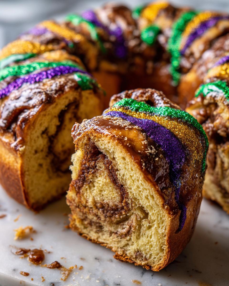 A slice cut from a rich, cinnamon-swirled King Cake decorated with purple, green, and gold sanding sugar.