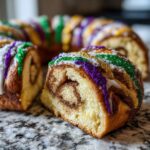 Close-up of a slice of cinnamon swirl King Cake, topped with purple, green, and gold sparkling sugars.