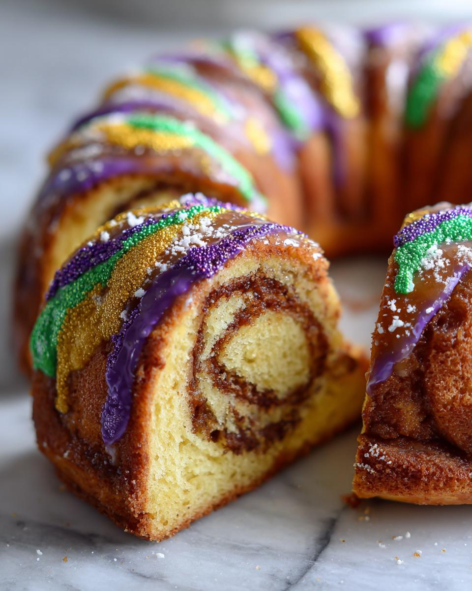 A slice of homemade King Cake showing the cinnamon swirl interior and Mardi Gras colored icing and sprinkles.