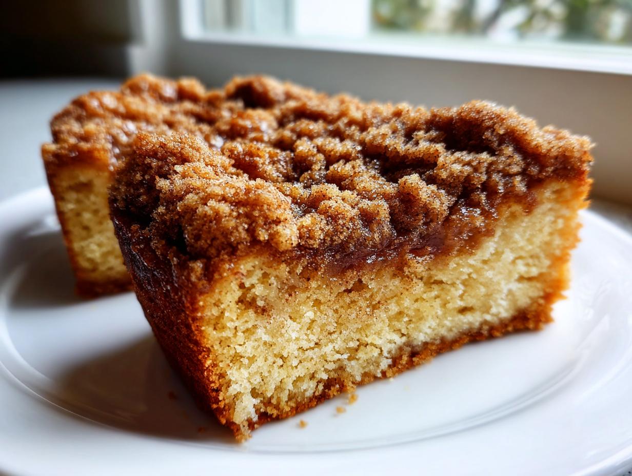 Close-up of a moist slice of coffee cake featuring a thick, golden-brown cinnamon streusel topping.
