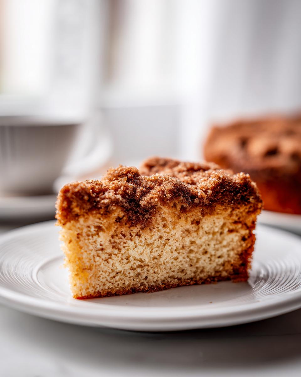 A close-up of a moist slice of coffee cake featuring a thick, dark cinnamon streusel topping on a white plate.