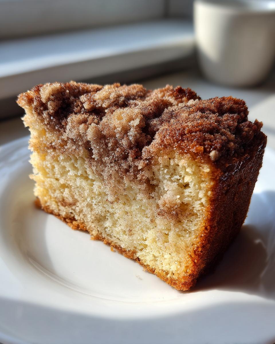 A close-up slice of moist coffee cake featuring a thick, crumbly cinnamon streusel topping, served on a white plate.