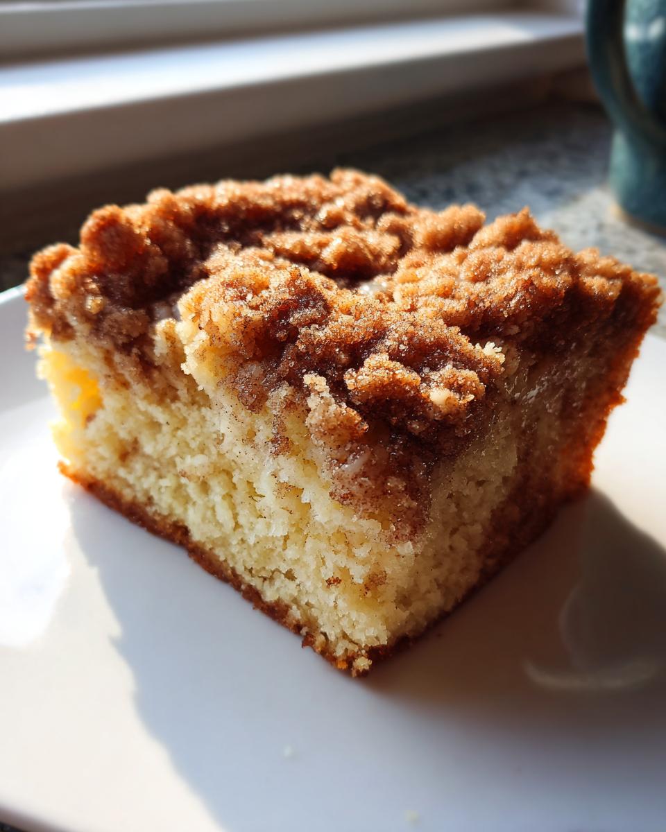 Close-up of a square slice of moist coffee cake featuring a thick, crumbly cinnamon streusel topping.